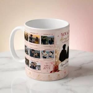9Wicks personalized relationship timeline ceramic mug showcasing a multi-photo collage grid with captions like first date, engagement, and wedding day over a soft pink floral background
